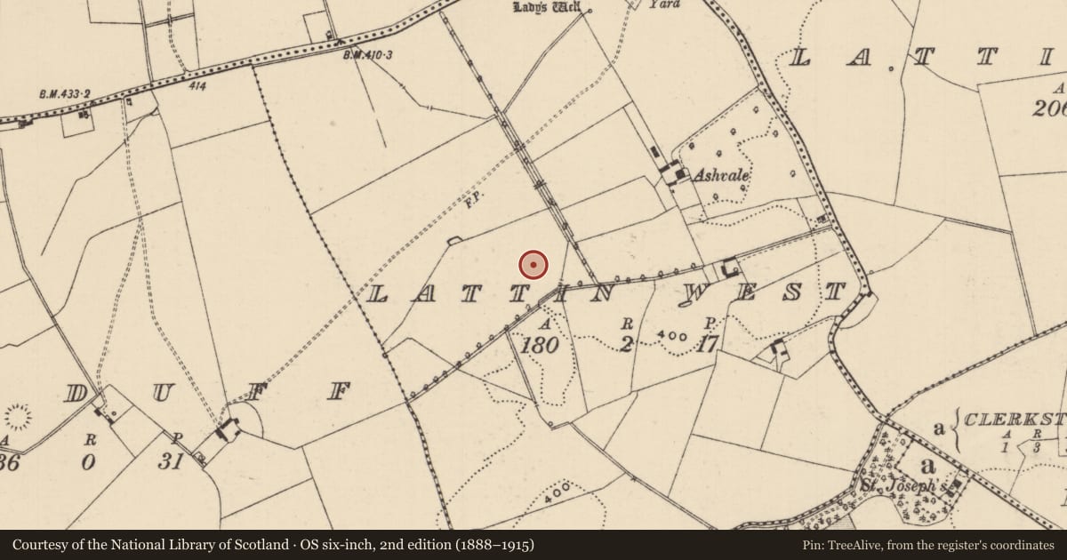 Ordnance Survey six-inch map, 2nd edition (1888–1915) covering the location of Barrow - ring-barrow, Lattin West, County Tipperary South, with a pin at the register's coordinates