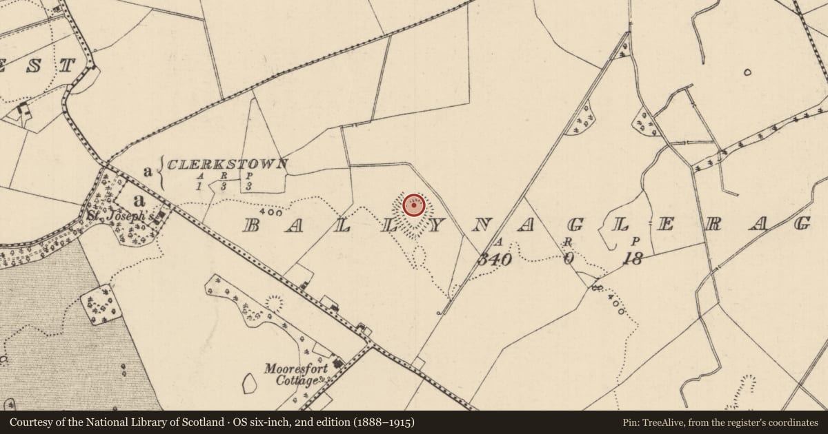 Ordnance Survey six-inch map, 2nd edition (1888–1915) covering the location of Moated site, Ballynagleragh, County Tipperary South, with a pin at the register's coordinates