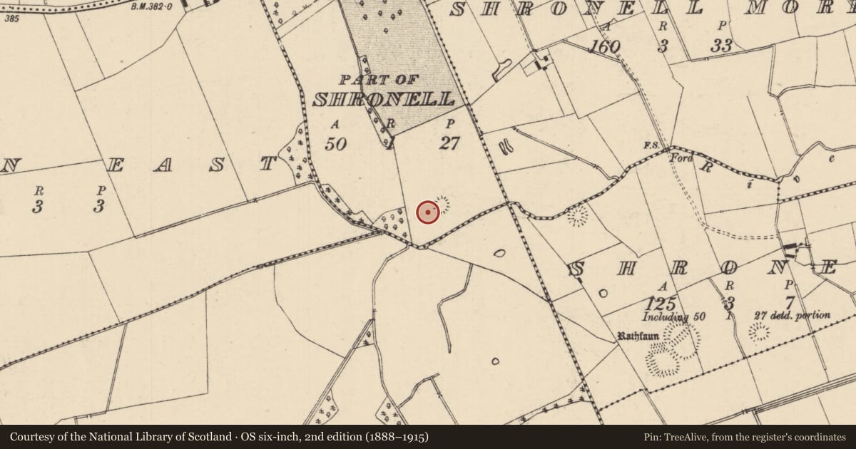 Ordnance Survey six-inch map, 2nd edition (1888–1915) covering the location of Enclosure, Shronell (Shronell Par.), County Tipperary South, with a pin at the register's coordinates