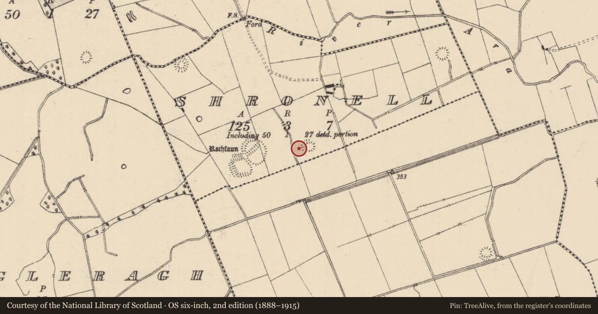 Ordnance Survey six-inch map, 2nd edition (1888–1915) covering the location of Barrow - ditch barrow, Shronell (Bruis Par.), County Tipperary South, with a pin at the register's coordinates