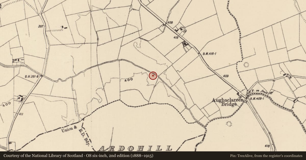Ordnance Survey six-inch map, 2nd edition (1888–1915) covering the location of Ring-ditch, Moanmore (Emly Par.), County Tipperary South, with a pin at the register's coordinates