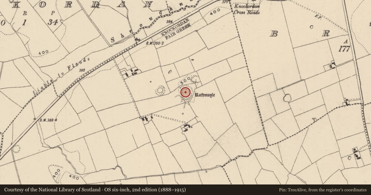 Ordnance Survey six-inch map, 2nd edition (1888–1915) covering the location of Ringfort - rath, Ballynamrossagh, County Tipperary South, with a pin at the register's coordinates
