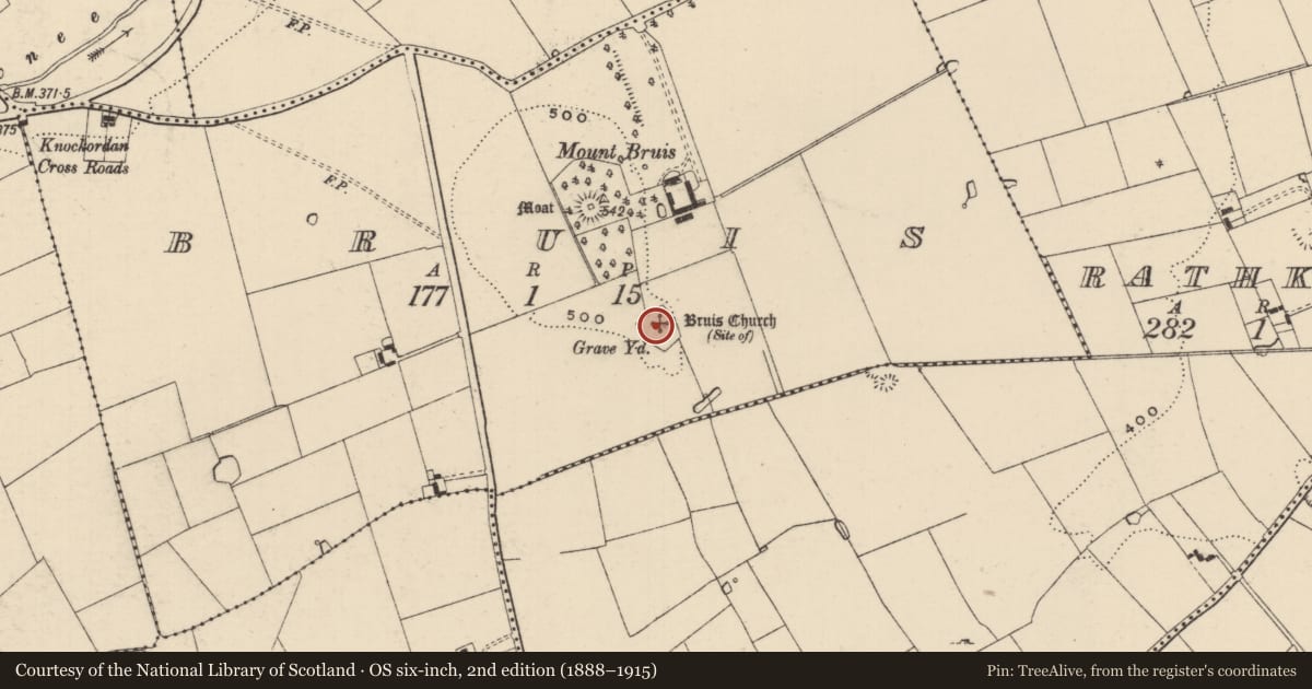 Ordnance Survey six-inch map, 2nd edition (1888–1915) covering the location of Church, Bruis, County Tipperary South, with a pin at the register's coordinates