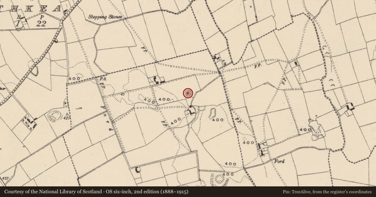 Ordnance Survey six-inch map, 2nd edition (1888–1915) covering the location of Moated site, Farranacliff, County Tipperary South, with a pin at the register's coordinates