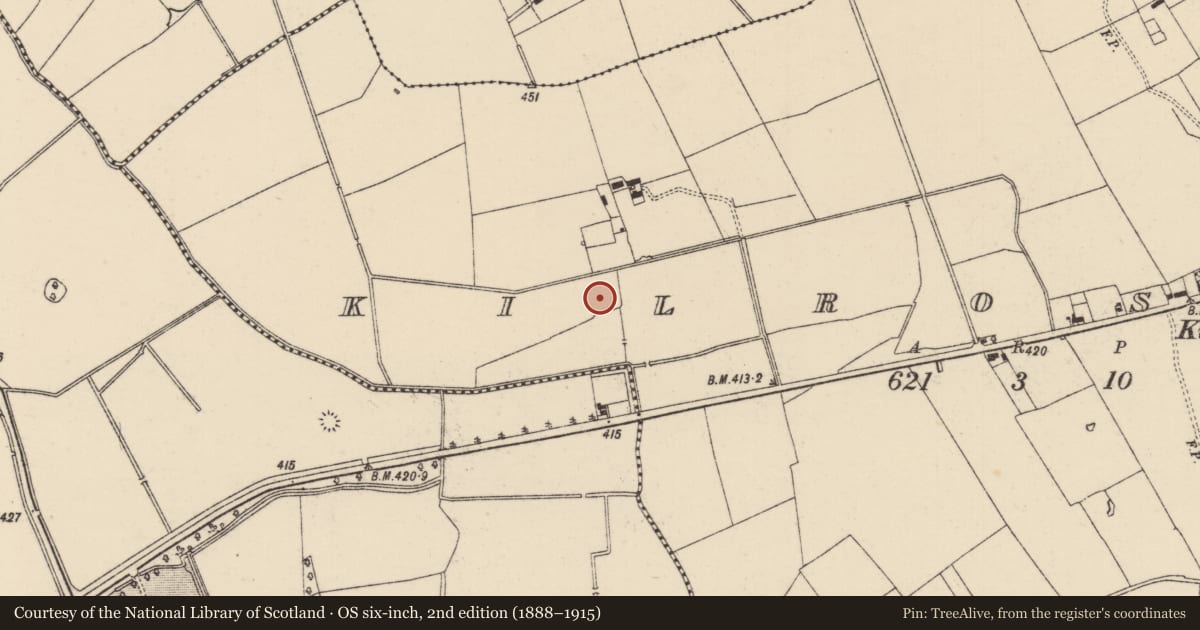 Ordnance Survey six-inch map, 2nd edition (1888–1915) covering the location of Enclosure, Kilross (Clonbeg Par.), County Tipperary South, with a pin at the register's coordinates