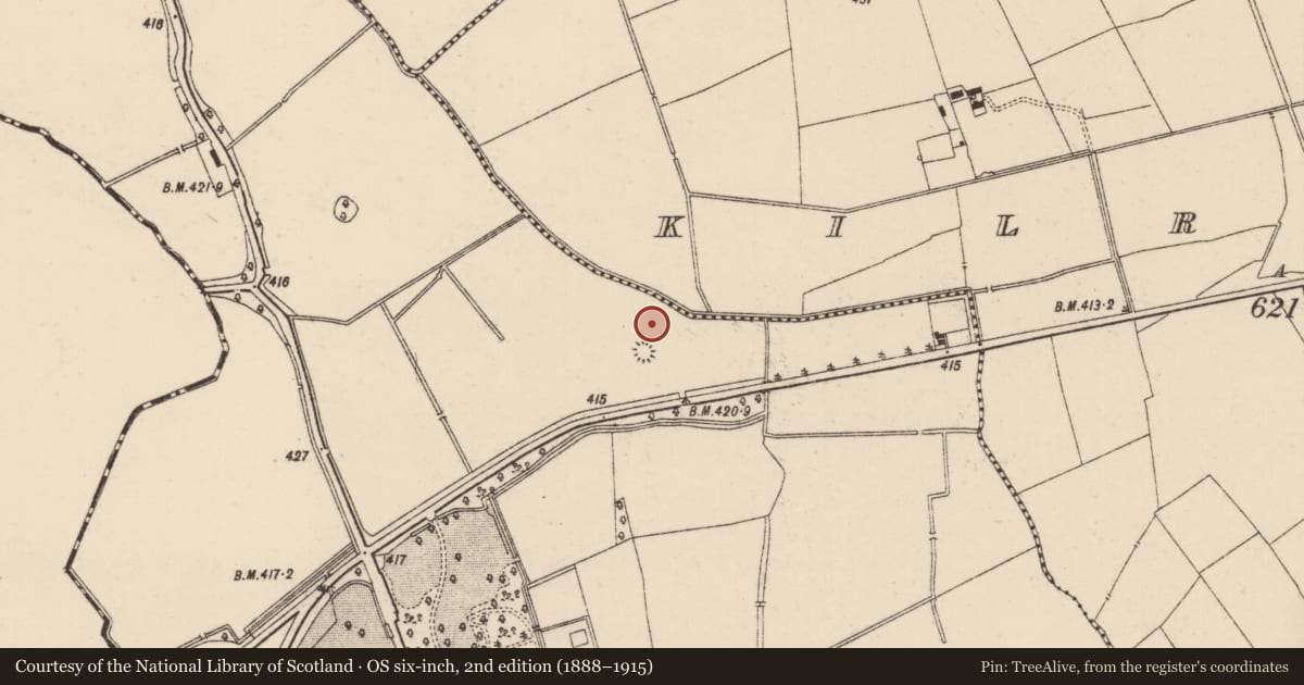Ordnance Survey six-inch map, 2nd edition (1888–1915) covering the location of Barrow - ring-barrow, Ballywire, County Tipperary South, with a pin at the register's coordinates