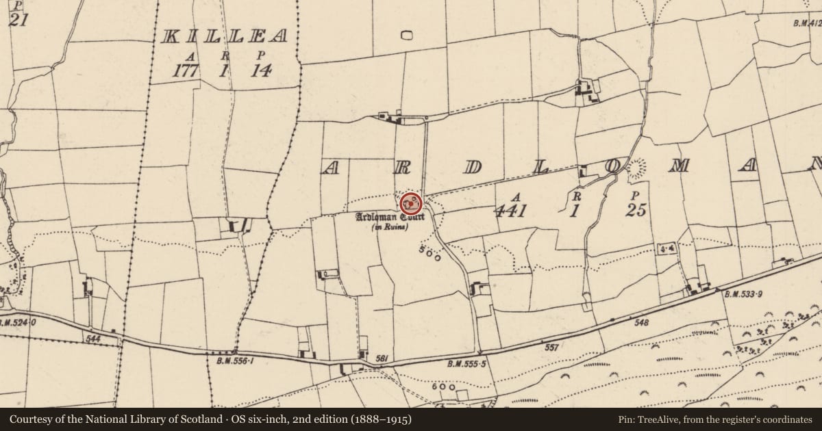 Ordnance Survey six-inch map, 2nd edition (1888–1915) covering the location of House - 17th century, Ardloman, County Tipperary South, with a pin at the register's coordinates