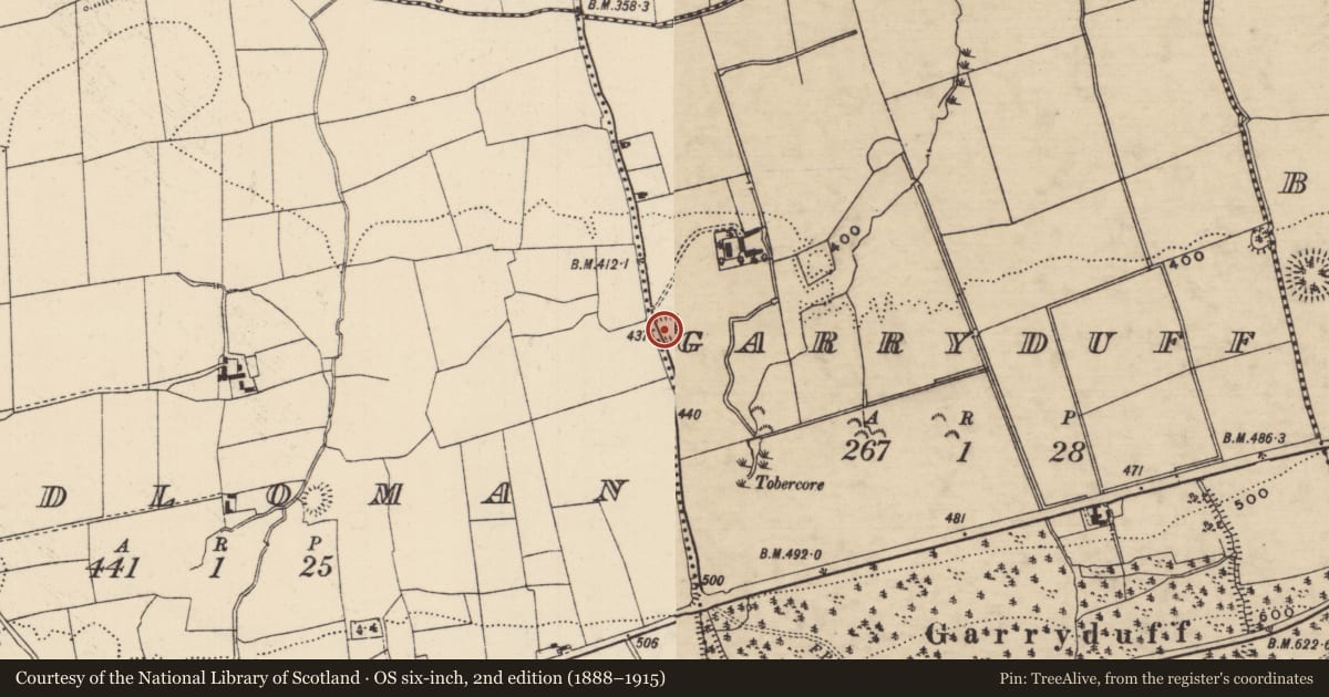 Ordnance Survey six-inch map, 2nd edition (1888–1915) covering the location of Enclosure, Garryduff (Clonpet Par.), County Tipperary South, with a pin at the register's coordinates