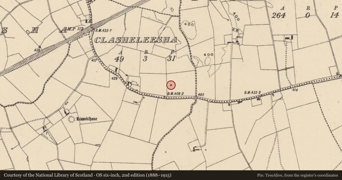 Ordnance Survey six-inch map, 2nd edition (1888–1915) covering the location of Barrow - ditch barrow, Clasheleesha, County Tipperary South, with a pin at the register's coordinates