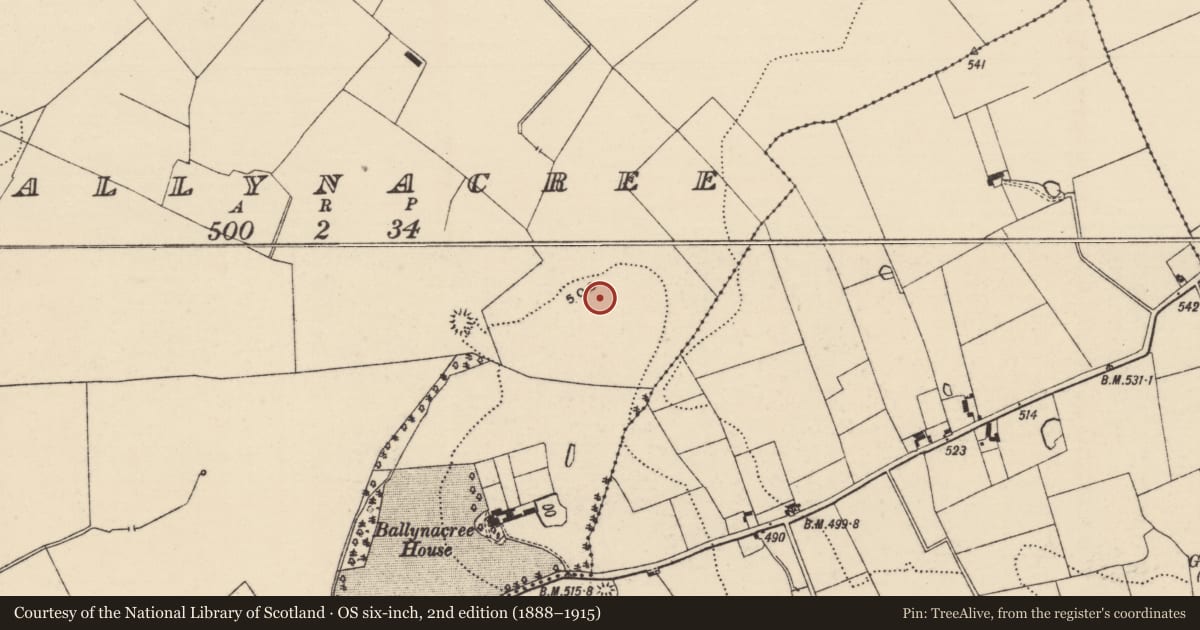 Ordnance Survey six-inch map, 2nd edition (1888–1915) covering the location of Enclosure, Ballynacree, County Tipperary South, with a pin at the register's coordinates