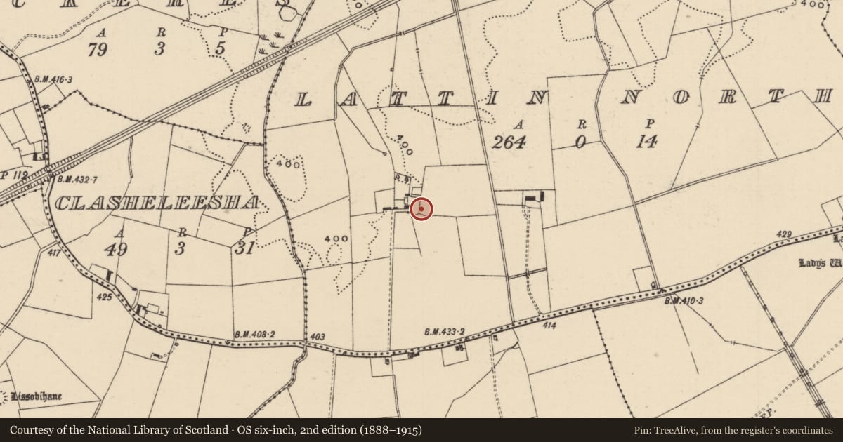 Ordnance Survey six-inch map, 2nd edition (1888–1915) covering the location of Enclosure, Lattin North, County Tipperary South, with a pin at the register's coordinates