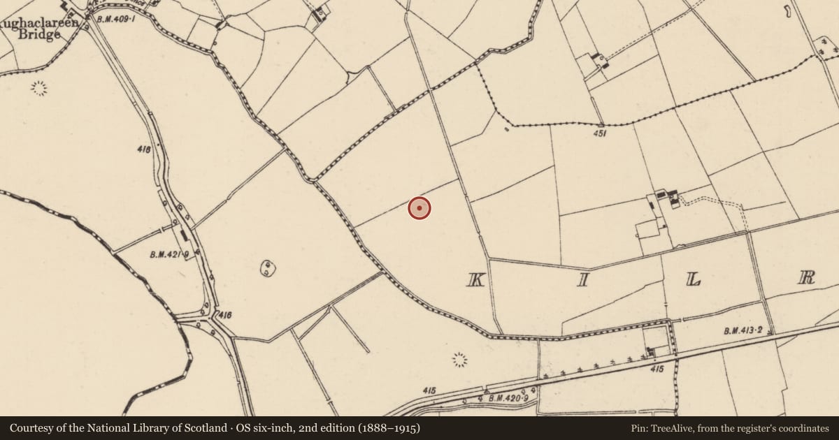 Ordnance Survey six-inch map, 2nd edition (1888–1915) covering the location of Enclosure, Kilross (Clonbeg Par.), County Tipperary South, with a pin at the register's coordinates