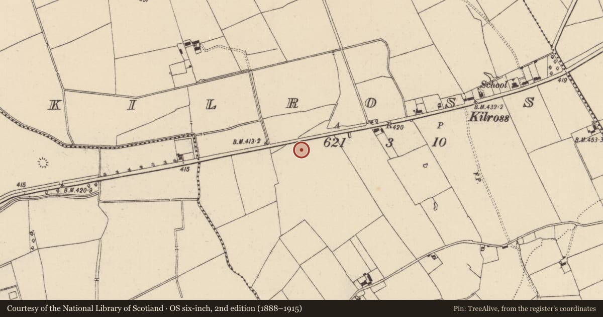 Ordnance Survey six-inch map, 2nd edition (1888–1915) covering the location of Enclosure, Kilross (Clonbeg Par.), County Tipperary South, with a pin at the register's coordinates
