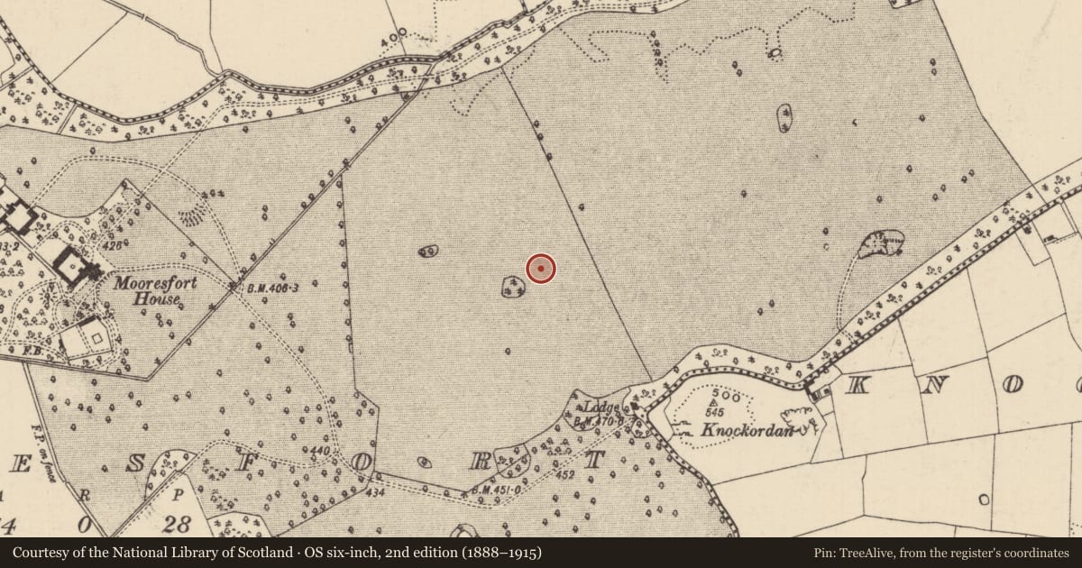 Ordnance Survey six-inch map, 2nd edition (1888–1915) covering the location of Barrow - ditch barrow, Mooresfort, County Tipperary South, with a pin at the register's coordinates