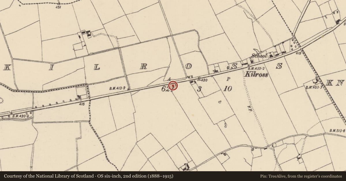 Ordnance Survey six-inch map, 2nd edition (1888–1915) covering the location of Enclosure, Kilross (Clonbeg Par.), County Tipperary South, with a pin at the register's coordinates