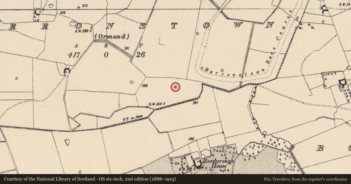 Ordnance Survey six-inch map, 2nd edition (1888–1915) covering the location of Barrow - ring-barrow, Barronstown (Ormond), (Shronell Par.), County Tipperary South, with a pin at the register's coordinates