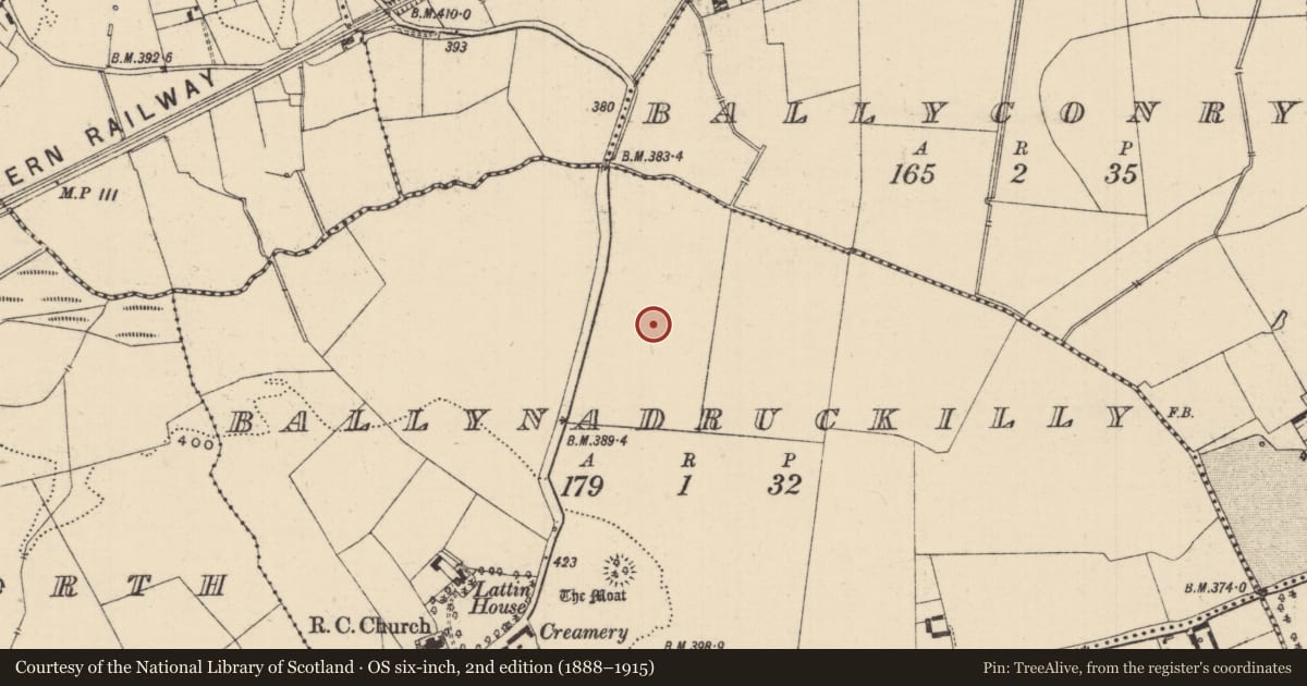 Ordnance Survey six-inch map, 2nd edition (1888–1915) covering the location of Barrow - ring-barrow, Ballynadruckilly, County Tipperary South, with a pin at the register's coordinates