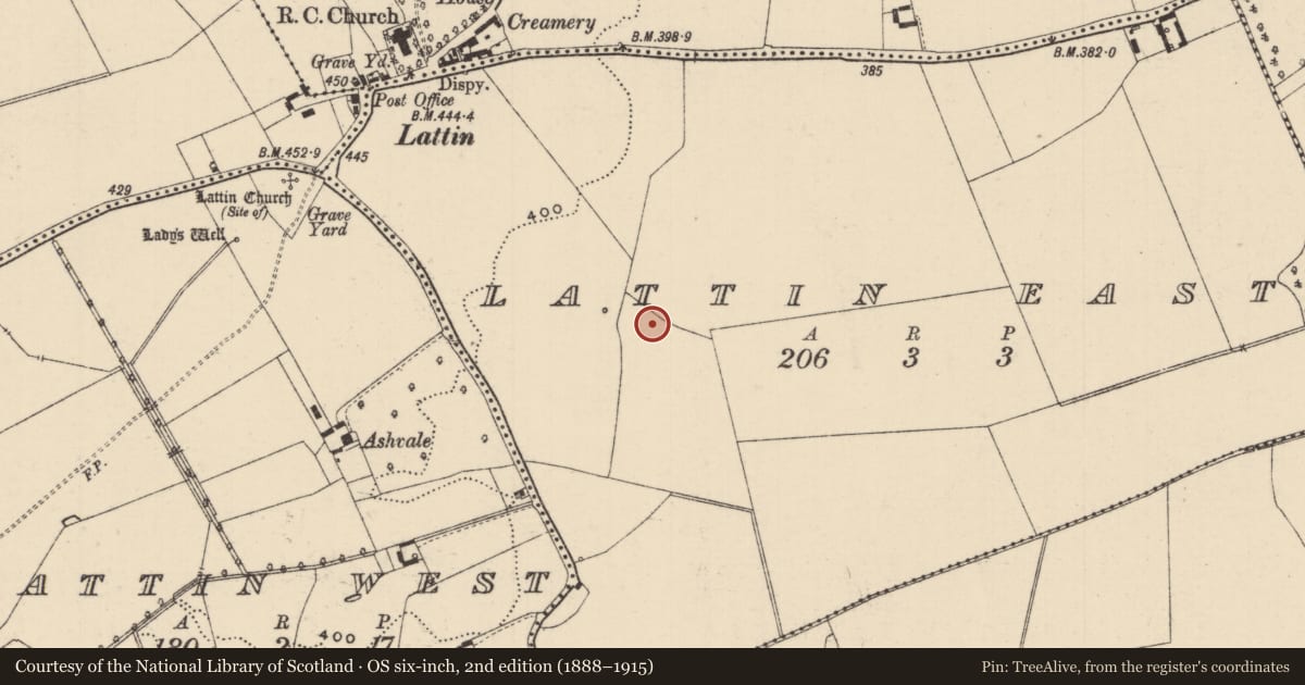Ordnance Survey six-inch map, 2nd edition (1888–1915) covering the location of Barrow - ring-barrow, Lattin East, County Tipperary South, with a pin at the register's coordinates