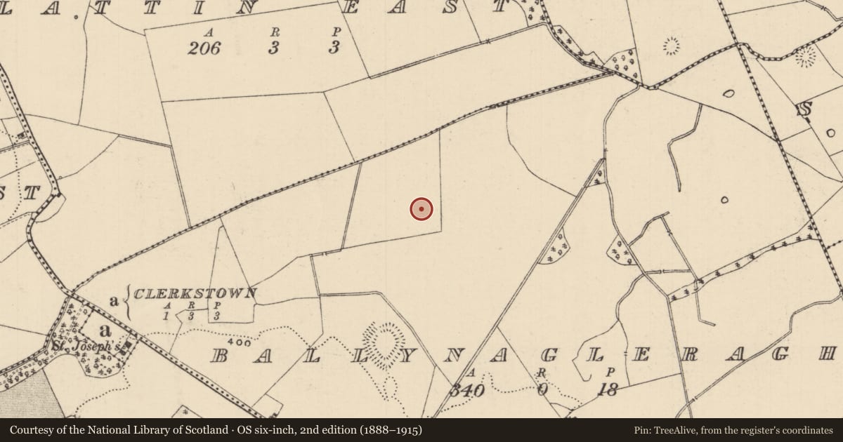 Ordnance Survey six-inch map, 2nd edition (1888–1915) covering the location of Barrow - ring-barrow, Ballynagleragh, County Tipperary South, with a pin at the register's coordinates