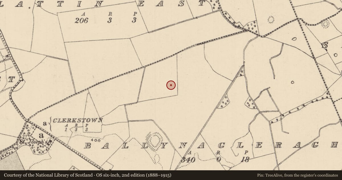 Ordnance Survey six-inch map, 2nd edition (1888–1915) covering the location of Barrow - ring-barrow, Ballynagleragh, County Tipperary South, with a pin at the register's coordinates
