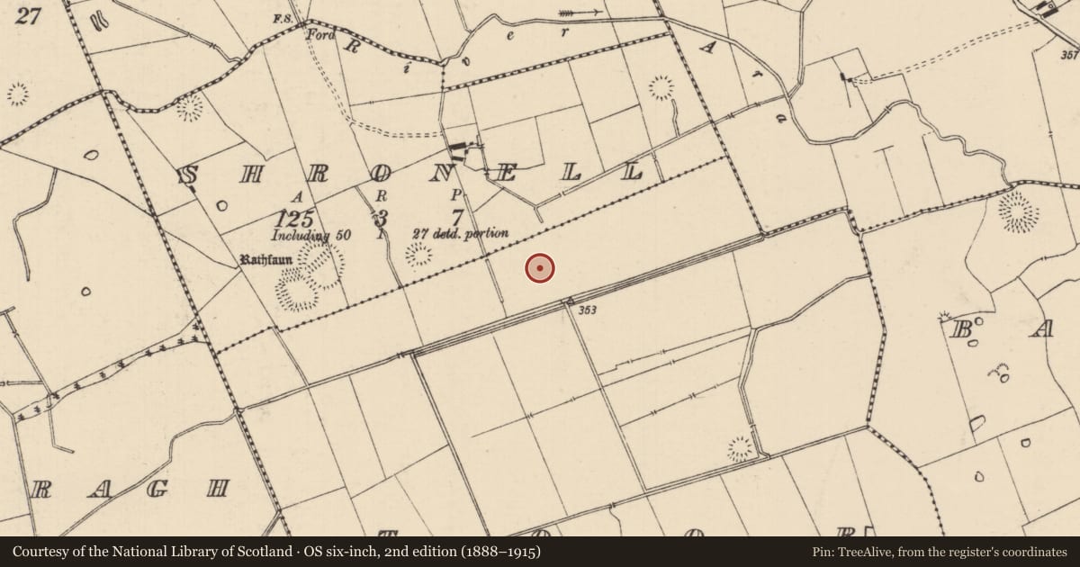 Ordnance Survey six-inch map, 2nd edition (1888–1915) covering the location of Barrow - ring-barrow, Toor (Bruis Par.), County Tipperary South, with a pin at the register's coordinates