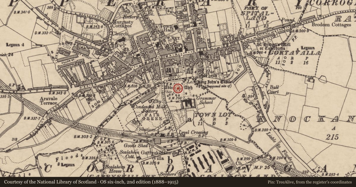 Ordnance Survey six-inch map, 2nd edition (1888–1915) covering the location of Religious house - Augustinian friars, Collegeland, County Tipperary South, with a pin at the register's coordinates