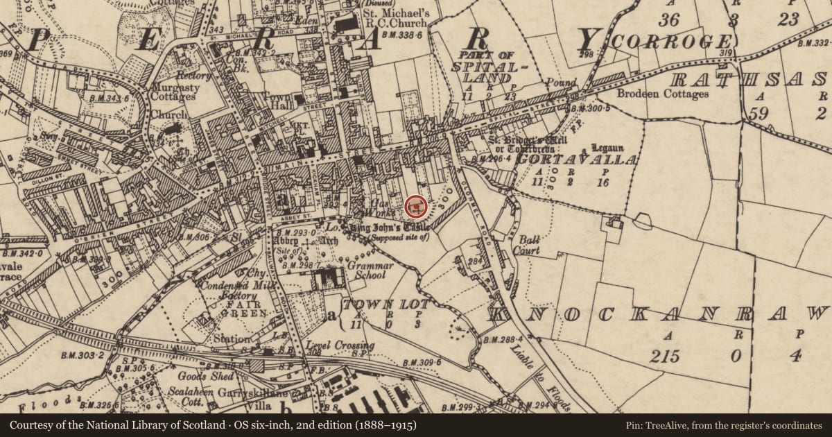 Ordnance Survey six-inch map, 2nd edition (1888–1915) covering the location of Castle - unclassified, Knockanrawley, County Tipperary South, with a pin at the register's coordinates