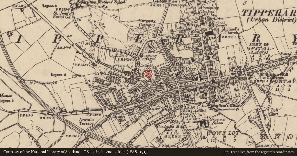 Ordnance Survey six-inch map, 2nd edition (1888–1915) covering the location of Church, Murgasty, County Tipperary South, with a pin at the register's coordinates