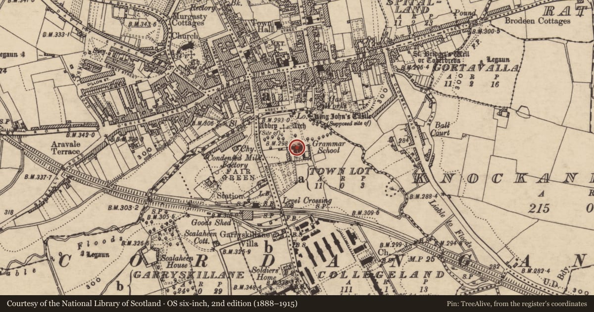 Ordnance Survey six-inch map, 2nd edition (1888–1915) covering the location of School, Collegeland, County Tipperary South, with a pin at the register's coordinates