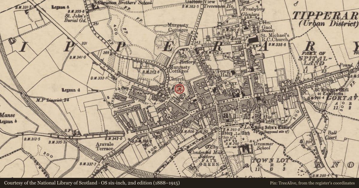 Ordnance Survey six-inch map, 2nd edition (1888–1915) covering the location of Graveyard, Murgasty, County Tipperary South, with a pin at the register's coordinates