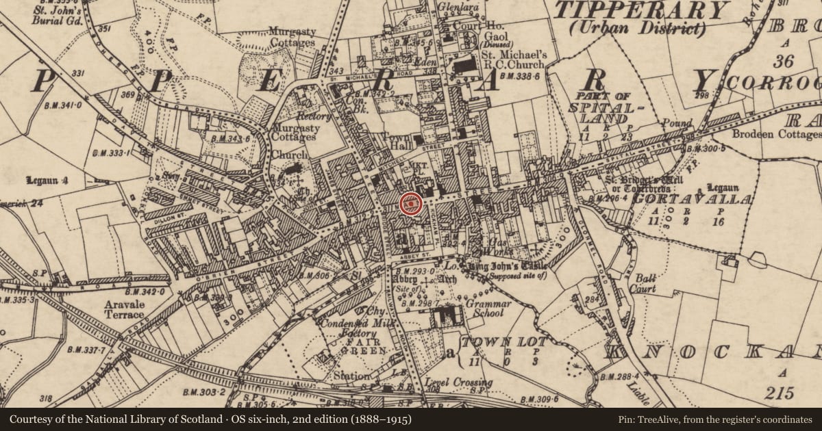 Ordnance Survey six-inch map, 2nd edition (1888–1915) covering the location of Town defences, County Tipperary South, with a pin at the register's coordinates