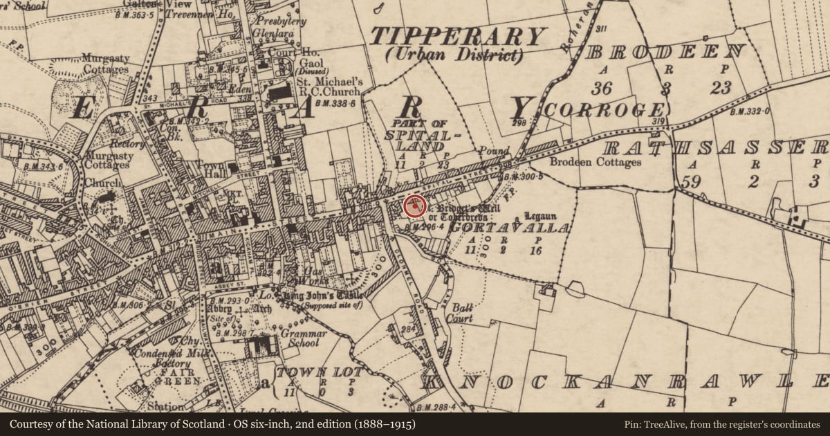 Ordnance Survey six-inch map, 2nd edition (1888–1915) covering the location of Ritual site - holy well, Knockanrawley, County Tipperary South, with a pin at the register's coordinates