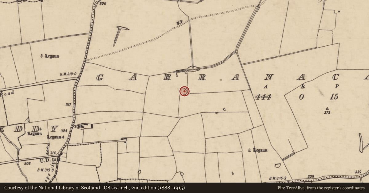 Ordnance Survey six-inch map, 2nd edition (1888–1915) covering the location of Enclosure, Garranacanty, County Tipperary South, with a pin at the register's coordinates