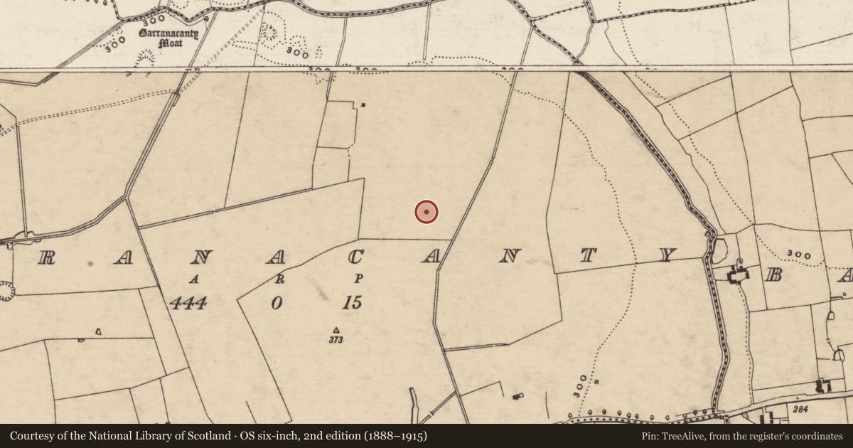 Ordnance Survey six-inch map, 2nd edition (1888–1915) covering the location of Moated site, Garranacanty, County Tipperary South, with a pin at the register's coordinates
