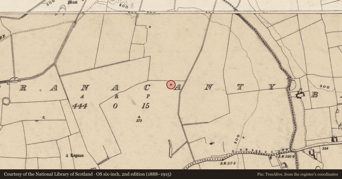 Ordnance Survey six-inch map, 2nd edition (1888–1915) covering the location of Earthwork, Garranacanty, County Tipperary South, with a pin at the register's coordinates