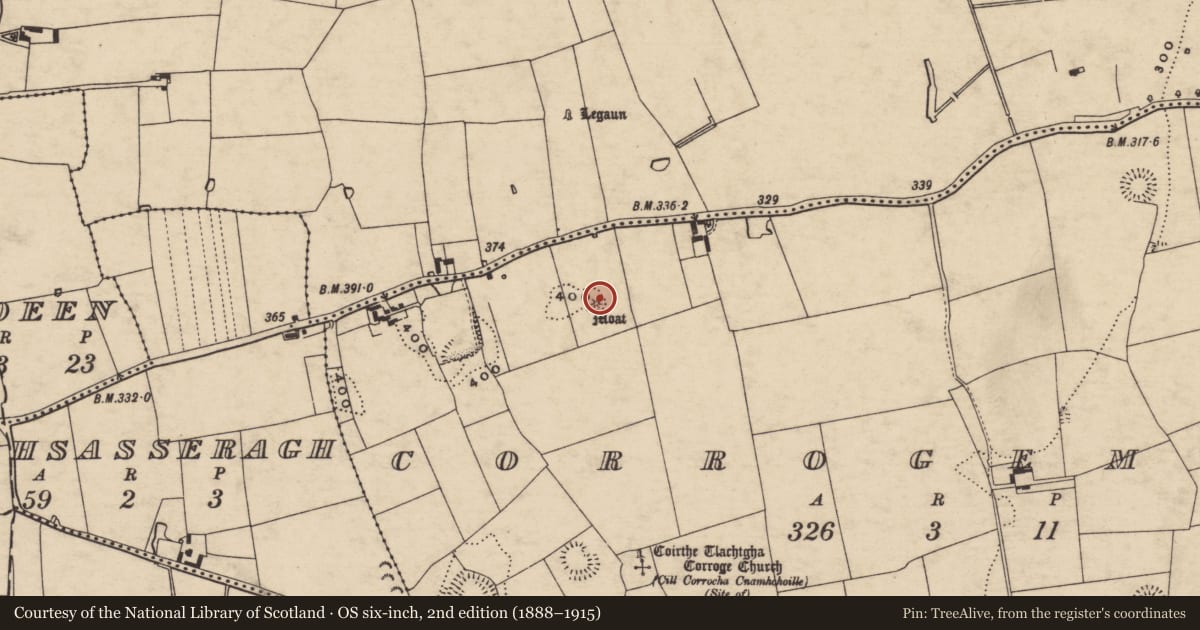 Ordnance Survey six-inch map, 2nd edition (1888–1915) covering the location of Mound, Corrogemore, County Tipperary South, with a pin at the register's coordinates