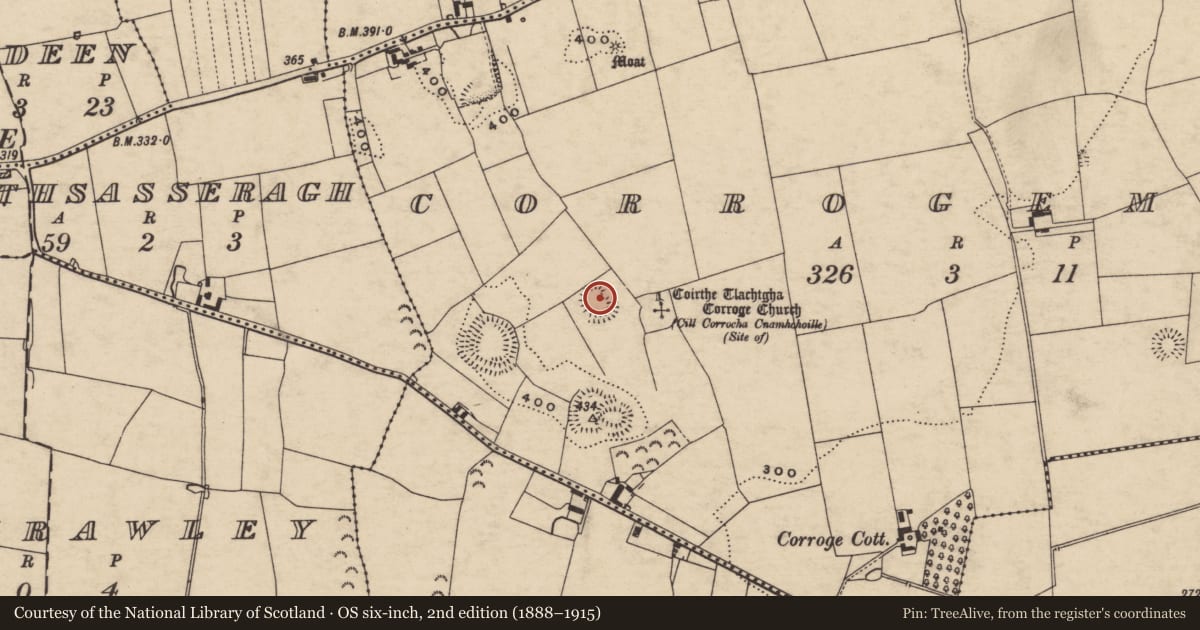 Ordnance Survey six-inch map, 2nd edition (1888–1915) covering the location of Enclosure, Corrogemore, County Tipperary South, with a pin at the register's coordinates