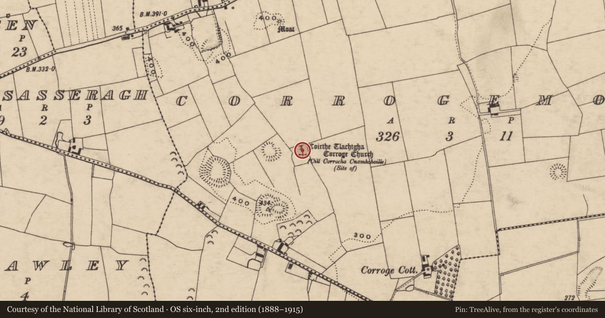 Ordnance Survey six-inch map, 2nd edition (1888–1915) covering the location of Church, Corrogemore, County Tipperary South, with a pin at the register's coordinates