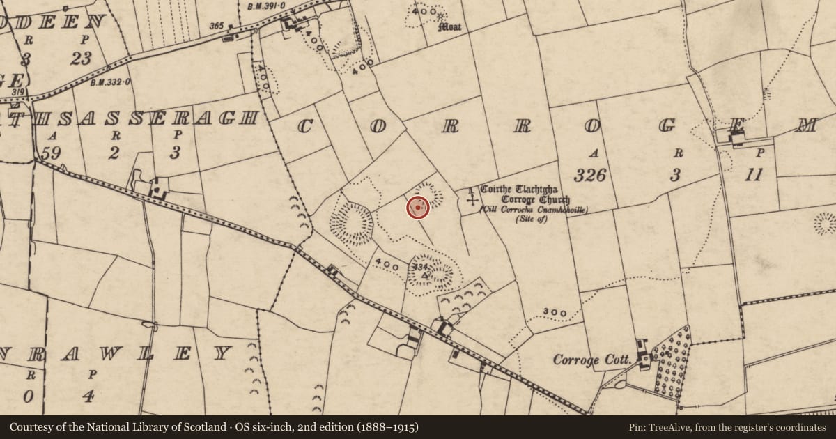 Ordnance Survey six-inch map, 2nd edition (1888–1915) covering the location of Earthwork, Corrogemore, County Tipperary South, with a pin at the register's coordinates