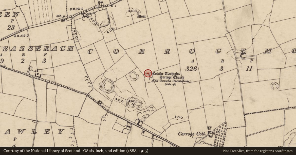 Ordnance Survey six-inch map, 2nd edition (1888–1915) covering the location of Standing stone, Corrogemore, County Tipperary South, with a pin at the register's coordinates