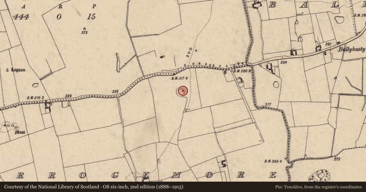 Ordnance Survey six-inch map, 2nd edition (1888–1915) covering the location of Enclosure, Corrogemore, County Tipperary South, with a pin at the register's coordinates