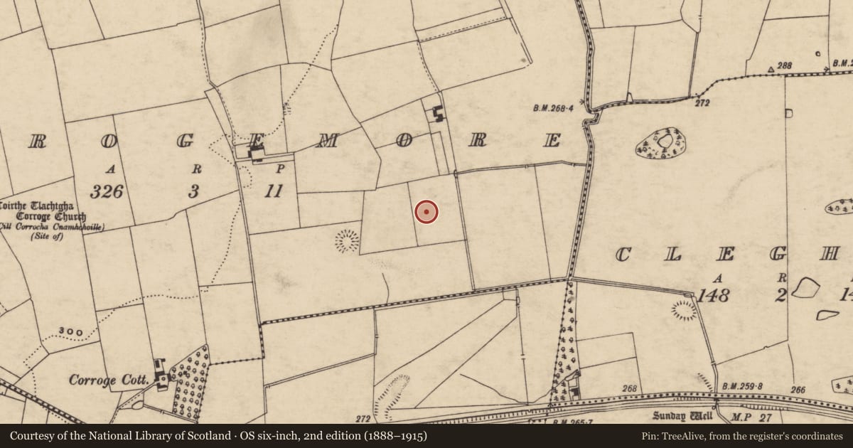 Ordnance Survey six-inch map, 2nd edition (1888–1915) covering the location of Enclosure, Corrogemore, County Tipperary South, with a pin at the register's coordinates