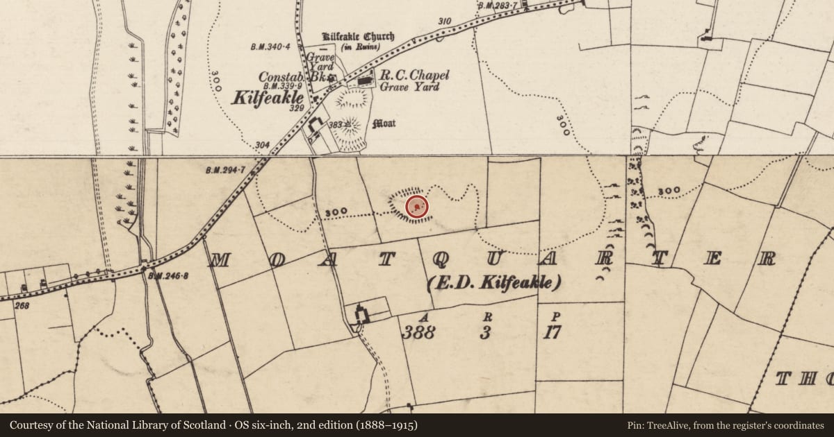 Ordnance Survey six-inch map, 2nd edition (1888–1915) covering the location of Enclosure, Moatquarter (Kilfeakle Par.), County Tipperary South, with a pin at the register's coordinates