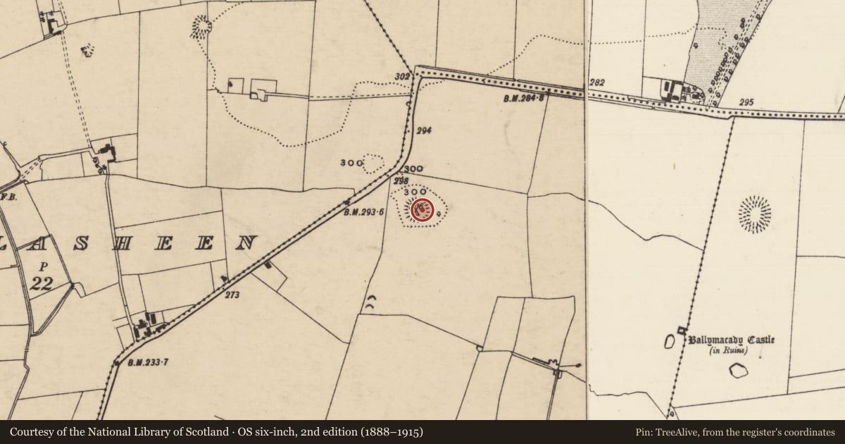 Ordnance Survey six-inch map, 2nd edition (1888–1915) covering the location of Enclosure, Ballymacady, County Tipperary South, with a pin at the register's coordinates