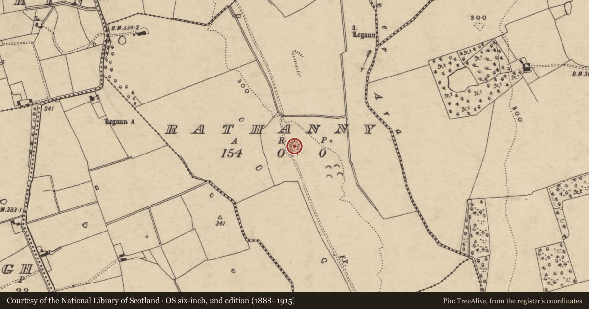Ordnance Survey six-inch map, 2nd edition (1888–1915) covering the location of Enclosure, Rathanny, County Tipperary South, with a pin at the register's coordinates
