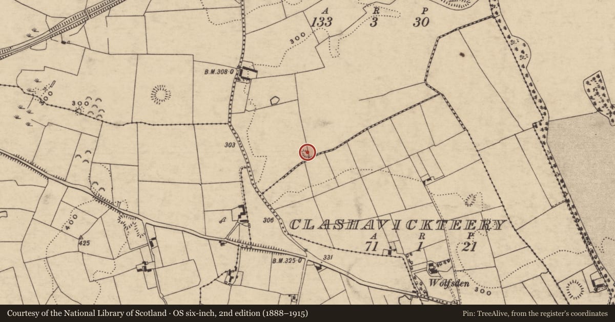 Ordnance Survey six-inch map, 2nd edition (1888–1915) covering the location of Enclosure, Clashavickteery, Puddingfield, County Tipperary South, with a pin at the register's coordinates