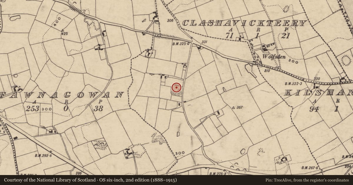 Ordnance Survey six-inch map, 2nd edition (1888–1915) covering the location of Enclosure, Lacken (Cordangan Par.), County Tipperary South, with a pin at the register's coordinates
