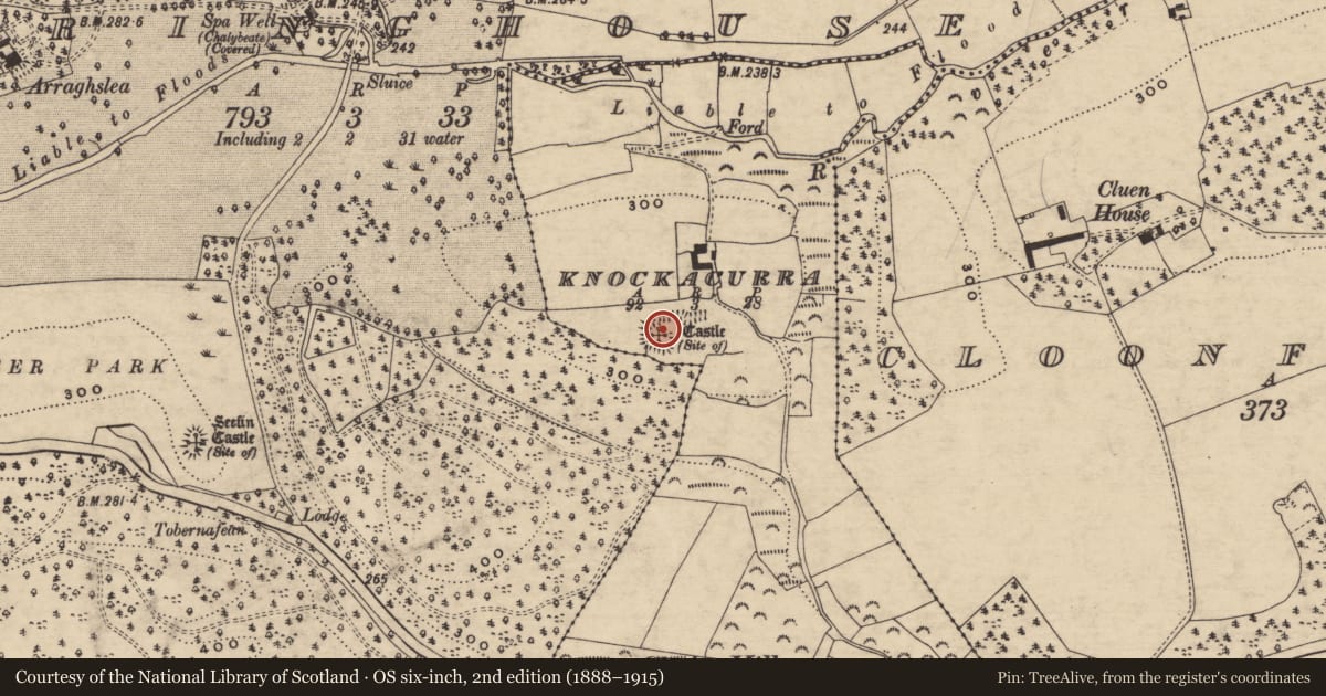 Ordnance Survey six-inch map, 2nd edition (1888–1915) covering the location of Bawn, Knockacurra, County Tipperary South, with a pin at the register's coordinates