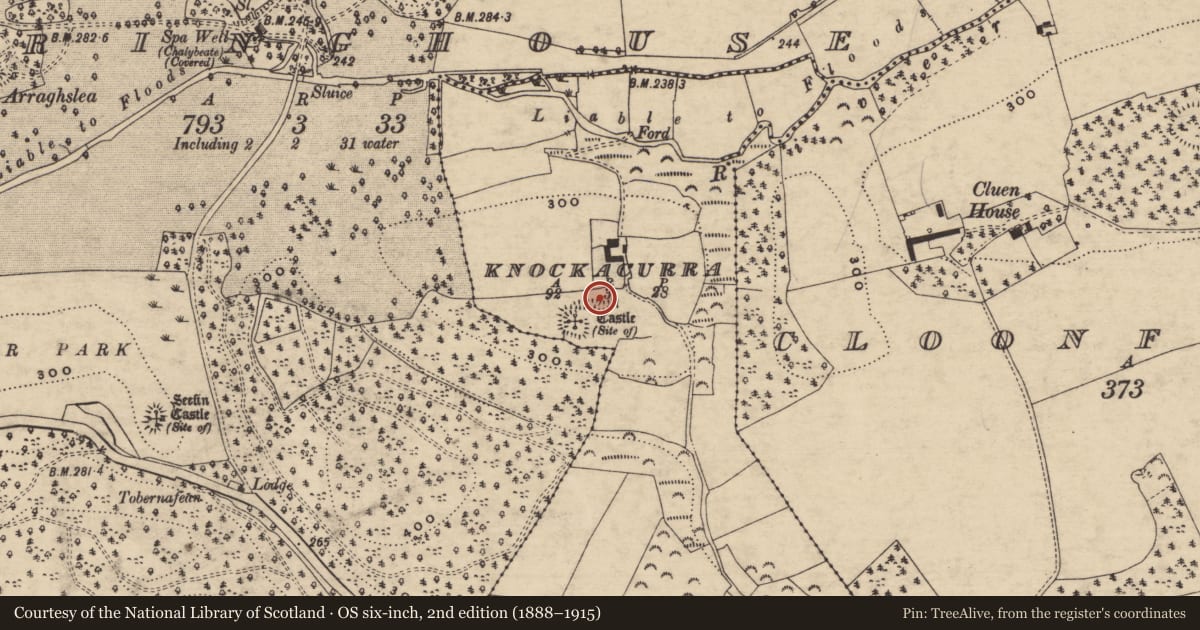 Ordnance Survey six-inch map, 2nd edition (1888–1915) covering the location of Earthwork, Knockacurra, County Tipperary South, with a pin at the register's coordinates
