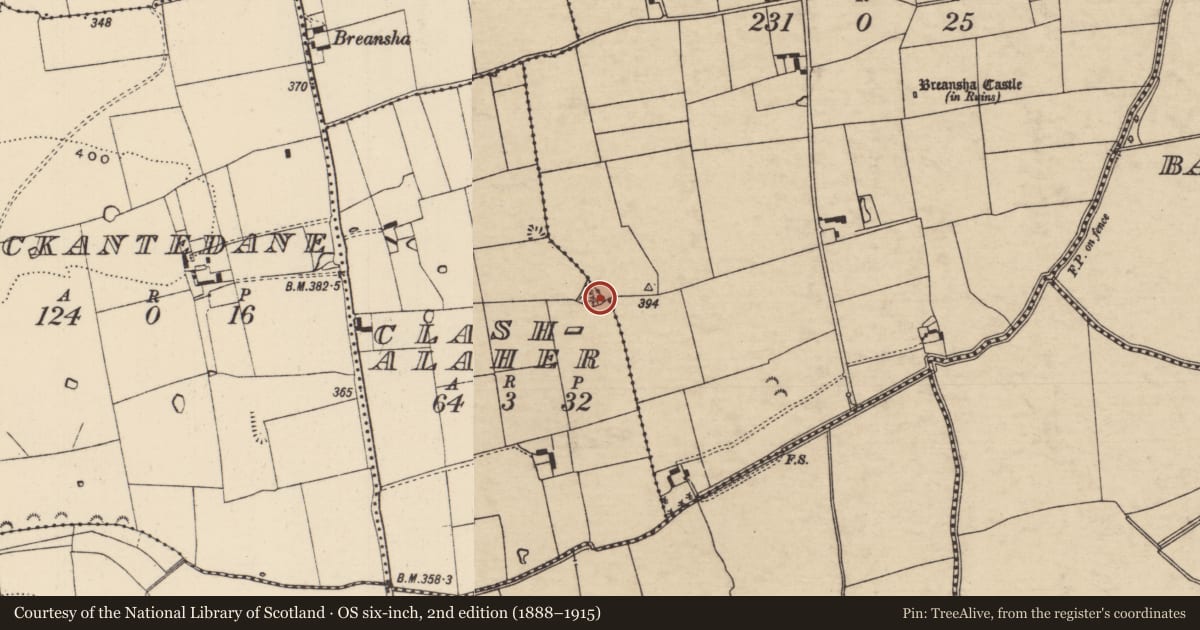 Ordnance Survey six-inch map, 2nd edition (1888–1915) covering the location of Enclosure, Breansha More, Clashalaher (Clonpet Par.), County Tipperary South, with a pin at the register's coordinates